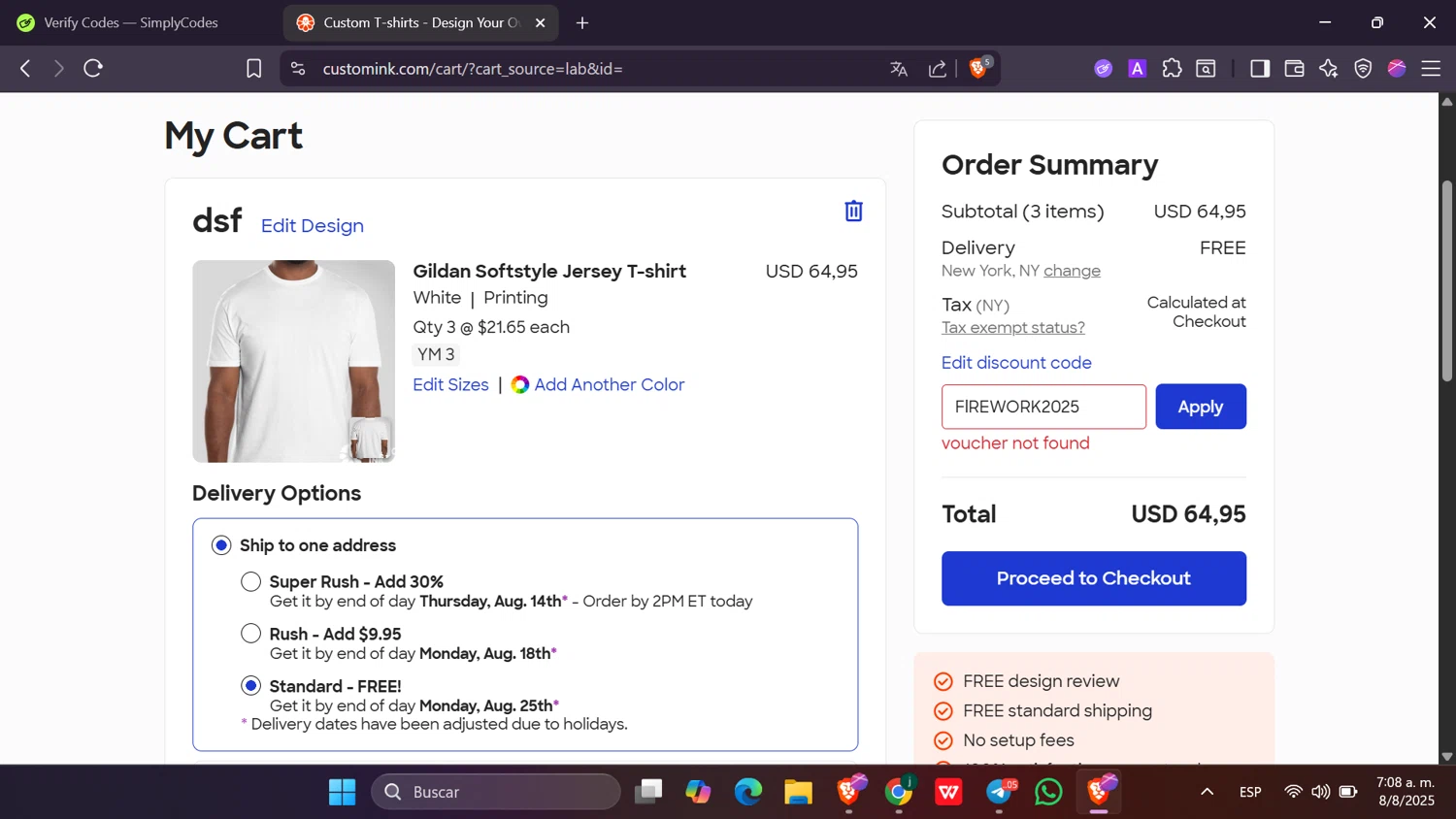 Custom Ink promo code screenshot showing code FlREWORK2025 applied at Custom Ink checkout page. Uploaded by SimplyCodes community member Toji_fushiguro on Aug 8, 2025