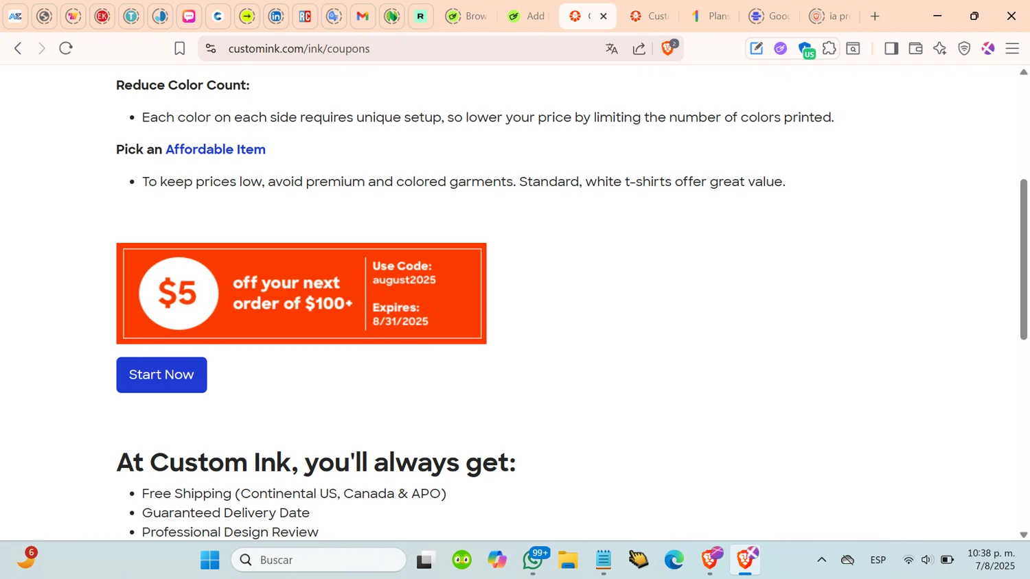 Custom Ink promo code screenshot showing code AUGUST2025 applied at Custom Ink checkout page. Uploaded by SimplyCodes community member cosita on Aug 8, 2025
