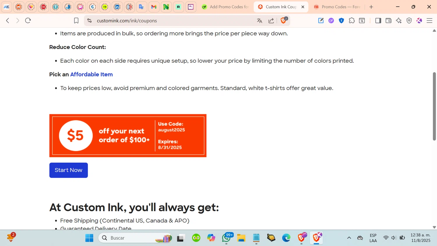Custom Ink promo code screenshot showing code ugust2025 applied at Custom Ink checkout page. Uploaded by SimplyCodes community member cosita on Aug 11, 2025