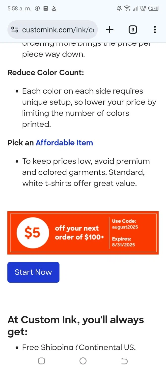 Custom Ink promo code screenshot showing code August2025. applied at Custom Ink checkout page. Uploaded by SimplyCodes community member yeresojperez on Aug 13, 2025
