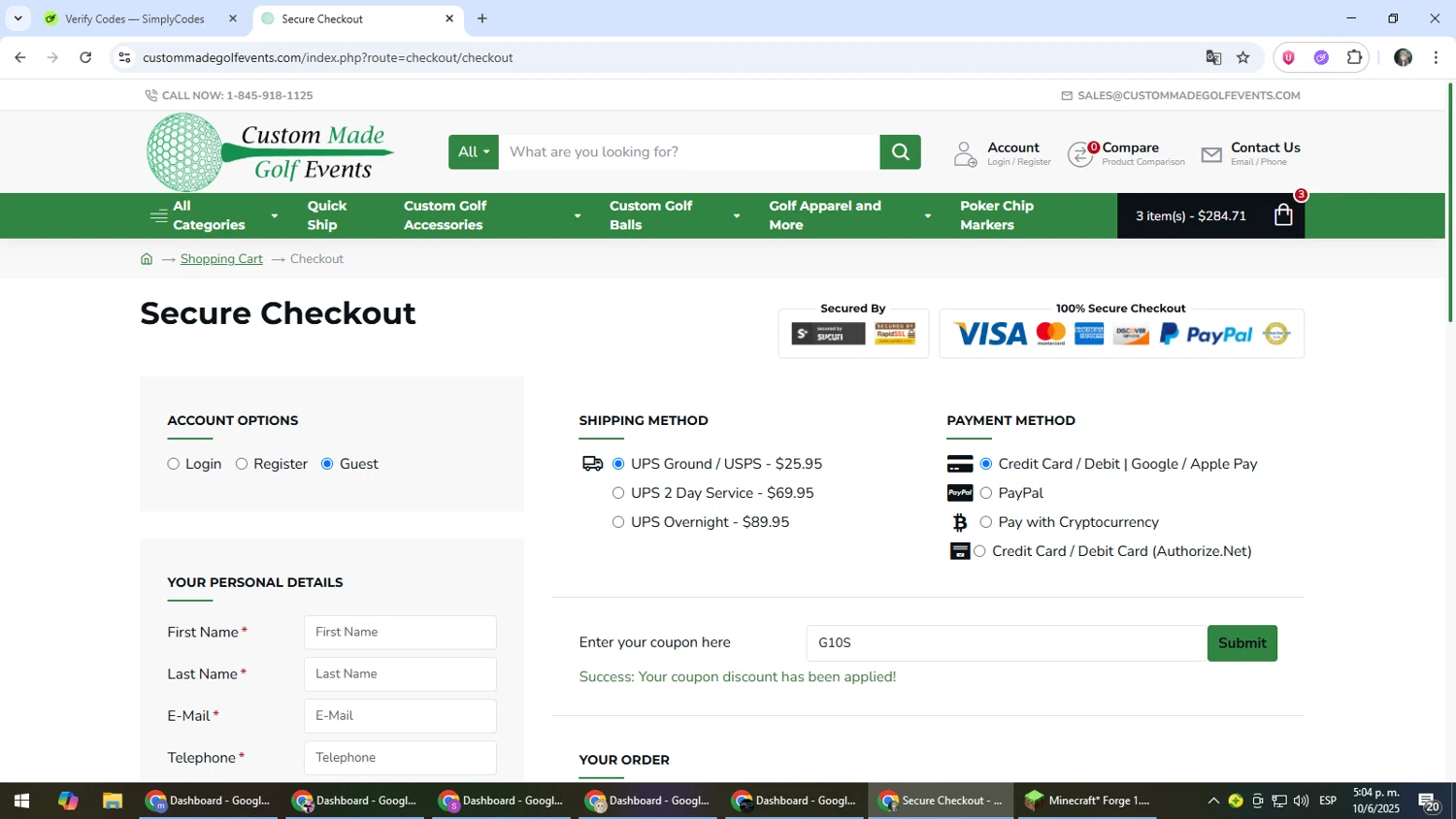 Custom Made Golf Events coupon code screenshot showing code G10S applied at Custom Made Golf Events checkout page. Uploaded by SimplyCodes community member CleverLynx6871 on Jun 10, 2025