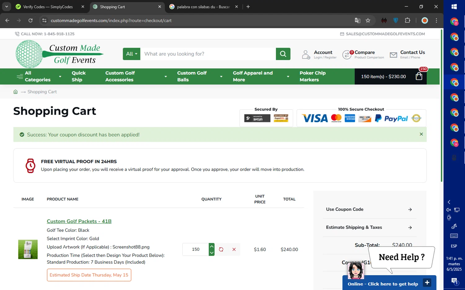Custom Made Golf Events coupon code screenshot showing code G10S applied at Custom Made Golf Events checkout page. Uploaded by SimplyCodes community member ValiantWarden8956 on May 6, 2025