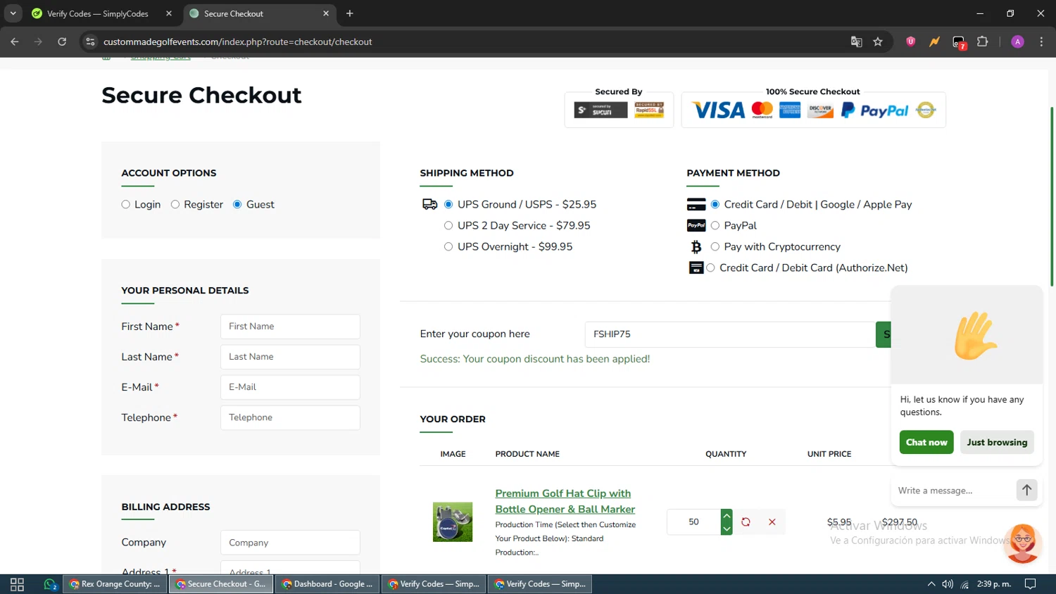 Custom Made Golf Events coupon code screenshot showing code FSHIP75 applied at Custom Made Golf Events checkout page. Uploaded by SimplyCodes community member CouponScout5403 on Sep 19, 2025
