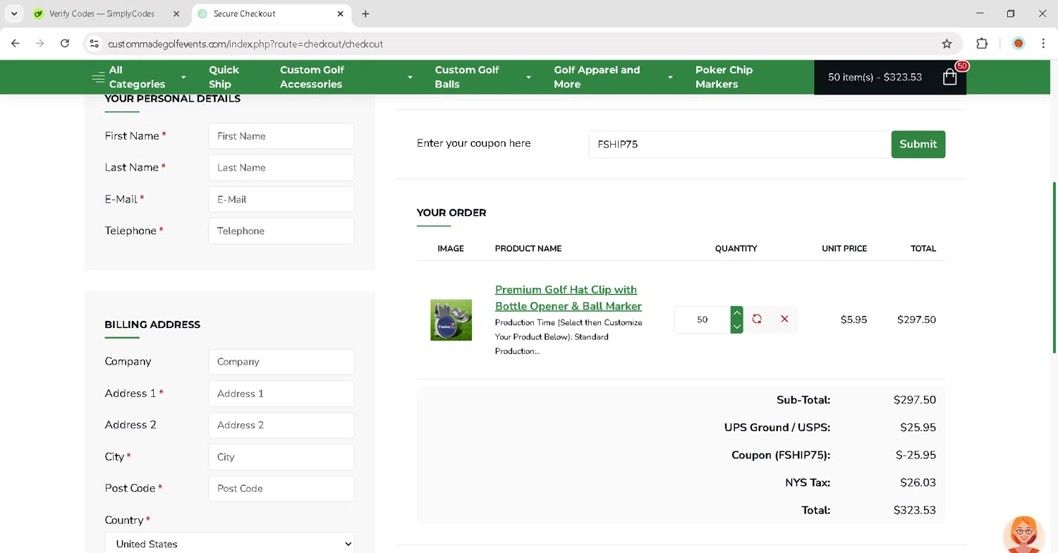 Custom Made Golf Events coupon code screenshot showing code FSHIP75 applied at Custom Made Golf Events checkout page. Uploaded by SimplyCodes community member JosephStevens774 on Sep 5, 2025