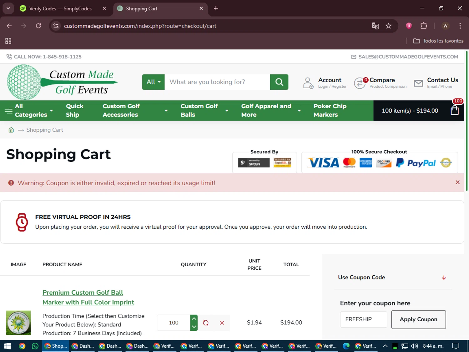 Custom Made Golf Events coupon code screenshot showing code FREESHIP applied at Custom Made Golf Events checkout page. Uploaded by SimplyCodes community member DealMaestro2101 on Jun 11, 2025