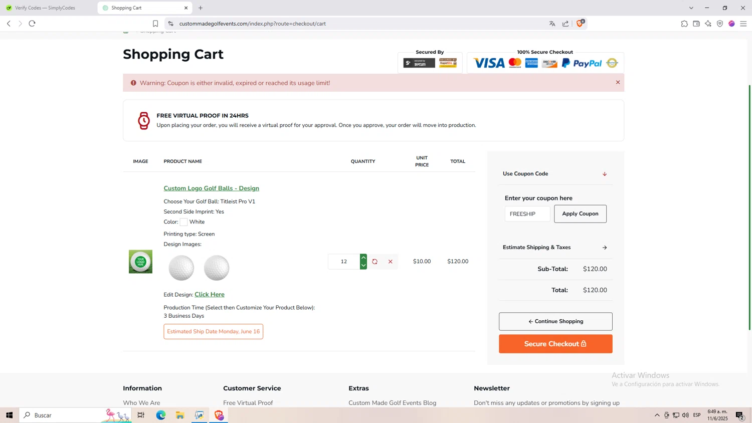 Custom Made Golf Events coupon code screenshot showing code FREESHIP applied at Custom Made Golf Events checkout page. Uploaded by SimplyCodes community member Monitos on Jun 11, 2025