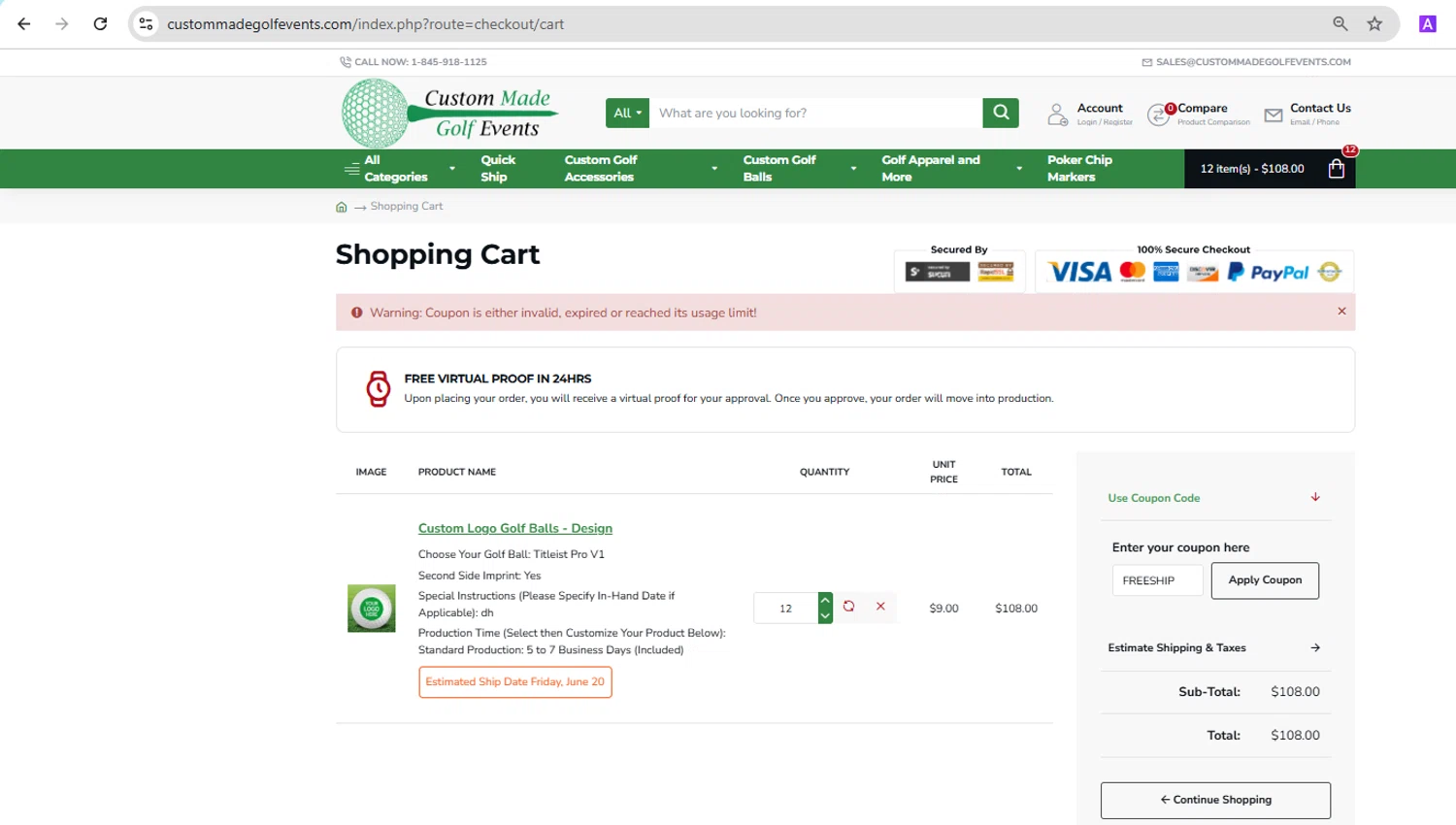 Custom Made Golf Events coupon code screenshot showing code FREESHIP applied at Custom Made Golf Events checkout page. Uploaded by SimplyCodes community member YHLQMDLGN on Jun 11, 2025