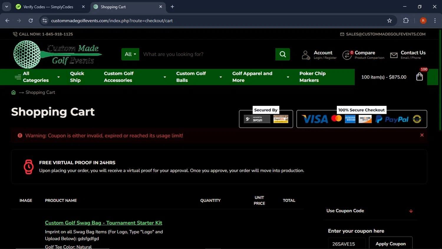 Custom Made Golf Events coupon code screenshot showing code 26SAVE15 applied at Custom Made Golf Events checkout page. Uploaded by SimplyCodes community member CoinPro7401 on Mar 22, 2025