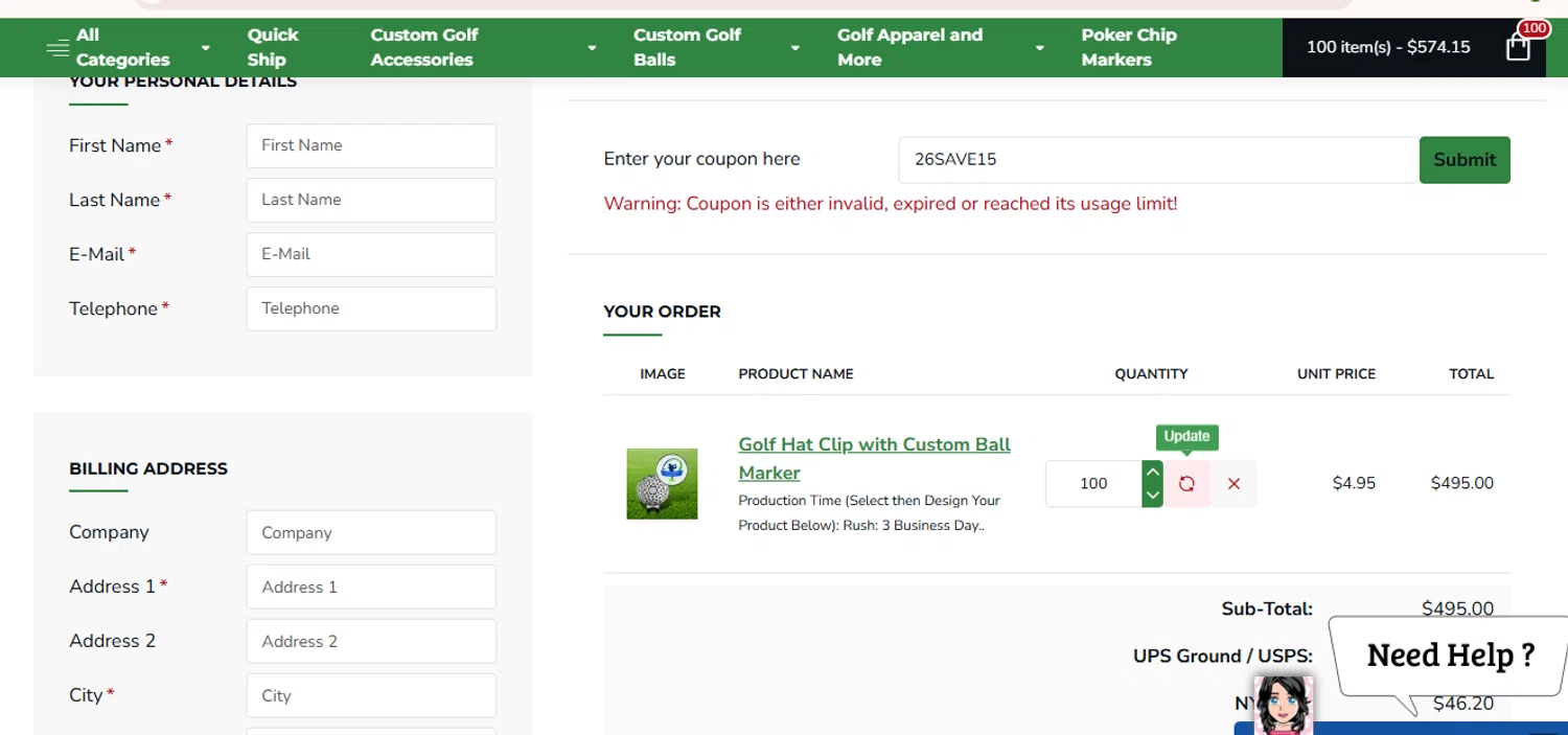 Custom Made Golf Events coupon code screenshot showing code 26SAVE15 applied at Custom Made Golf Events checkout page. Uploaded by SimplyCodes community member SnoopDogg on Apr 22, 2025