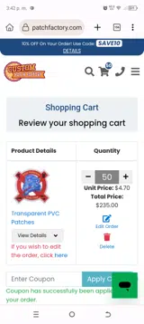 Custom Patch Factory coupon verification screenshot