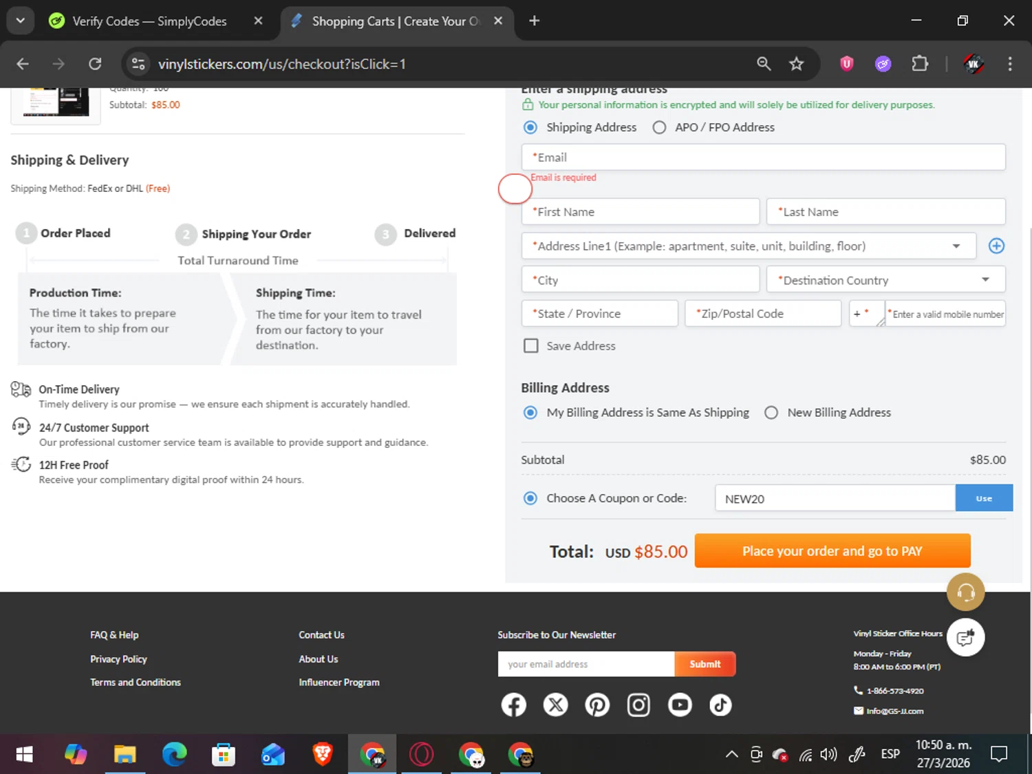 Custom Sticker promo code screenshot showing code NEW20 applied at Custom Sticker checkout page. Uploaded by SimplyCodes community member TreasureAdmiral6867 on Mar 27, 2026