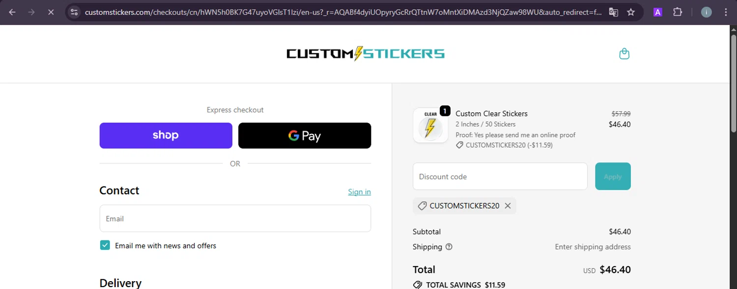 Customstickers.com promo code screenshot showing code CUSTOMSTICKERS20 applied at Customstickers.com checkout page. Uploaded by SimplyCodes community member PrimeSentinel5869 on Nov 25, 2025