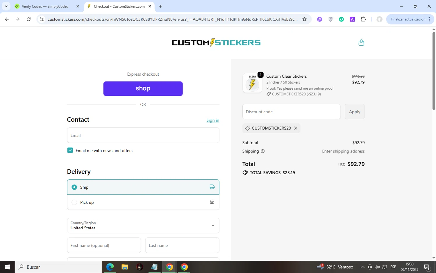 Customstickers.com promo code screenshot showing code CUSTOMSTICKERS20 applied at Customstickers.com checkout page. Uploaded by SimplyCodes community member ronaldacunajr13 on Nov 9, 2025