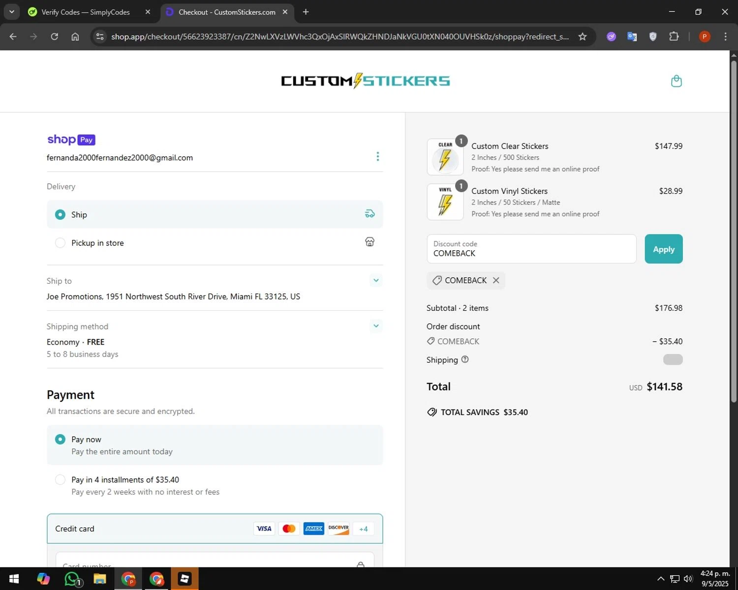 Customstickers.com promo code screenshot showing code COMEBACK applied at Customstickers.com checkout page. Uploaded by SimplyCodes community member AuronPlay on May 9, 2025