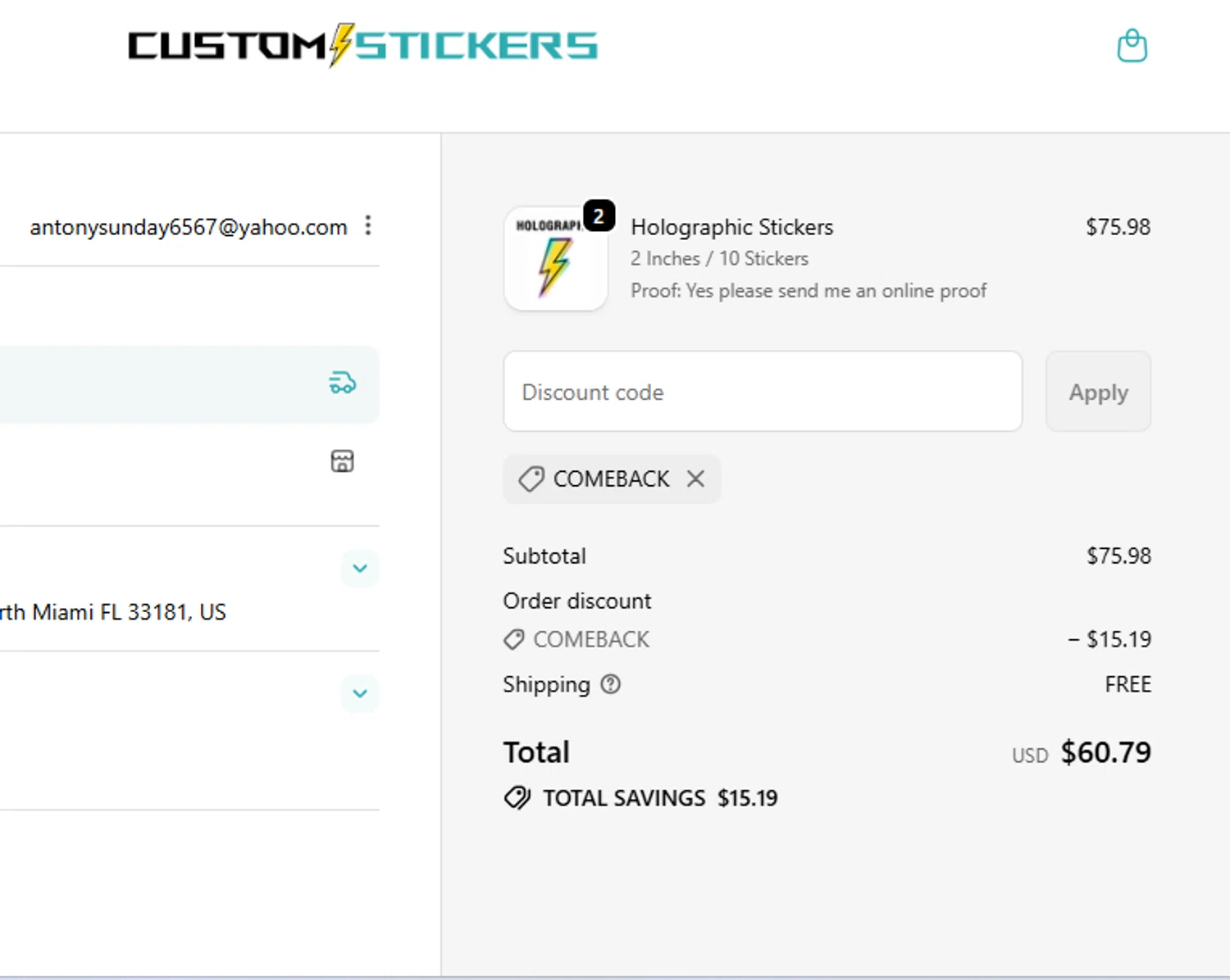 Customstickers.com promo code screenshot showing code COMEBACK applied at Customstickers.com checkout page. Uploaded by SimplyCodes community member FrugalVirtuoso6318 on Nov 9, 2025