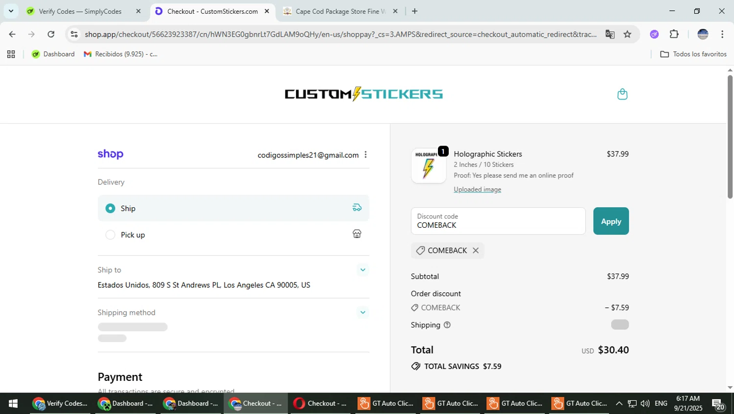 Customstickers.com promo code screenshot showing code COMEBACK applied at Customstickers.com checkout page. Uploaded by SimplyCodes community member TrevorPhilips on Sep 21, 2025