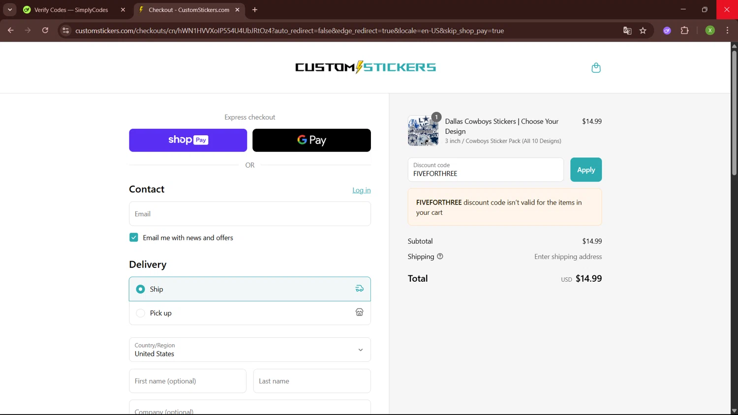 Customstickers.com promo code screenshot showing code FIVEFORTHREE applied at Customstickers.com checkout page. Uploaded by SimplyCodes community member SaleTiger1087 on Aug 1, 2025