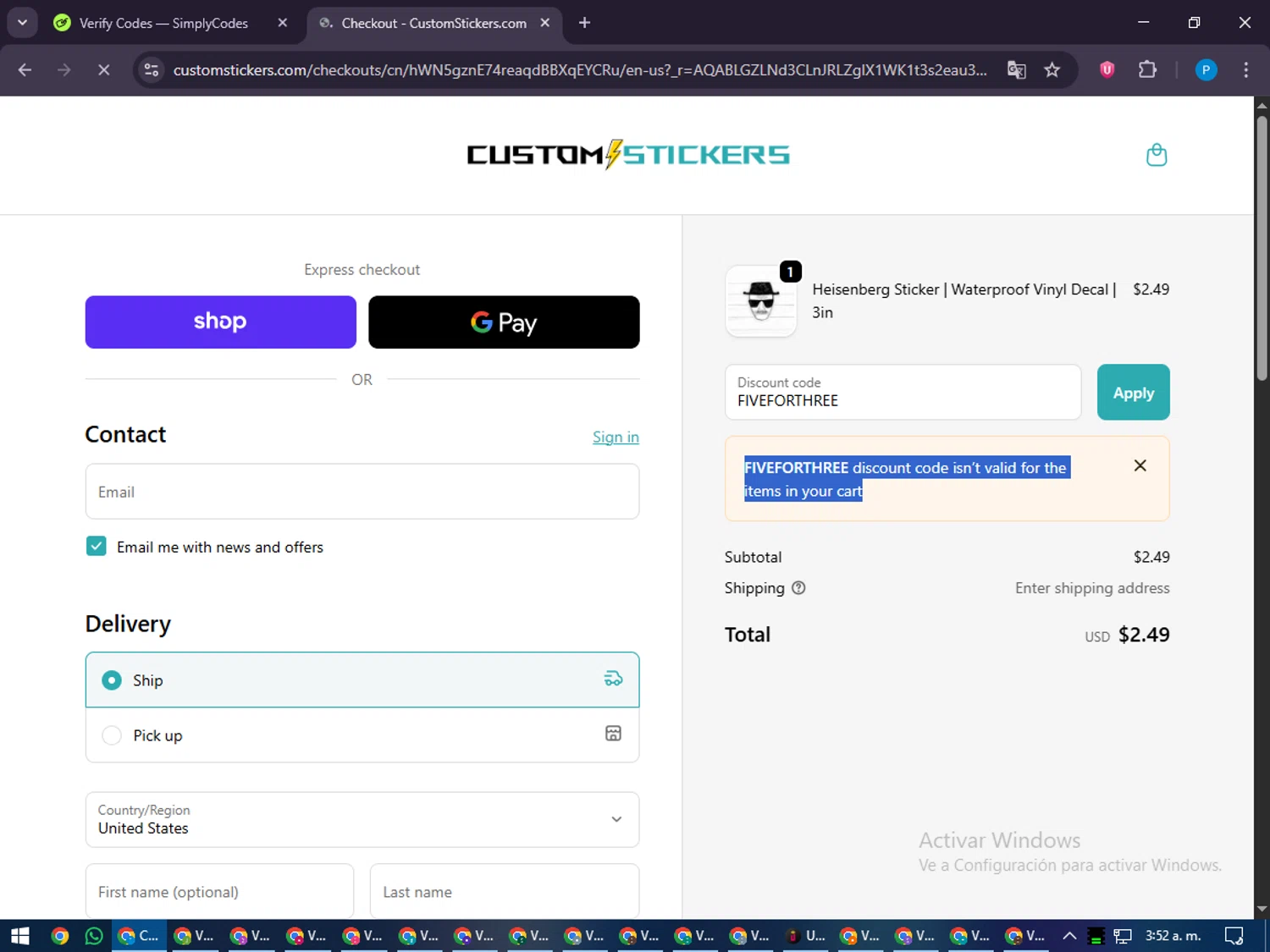 Customstickers.com promo code screenshot showing code FIVEFORTHREE applied at Customstickers.com checkout page. Uploaded by SimplyCodes community member juiceWRLD on Nov 25, 2025