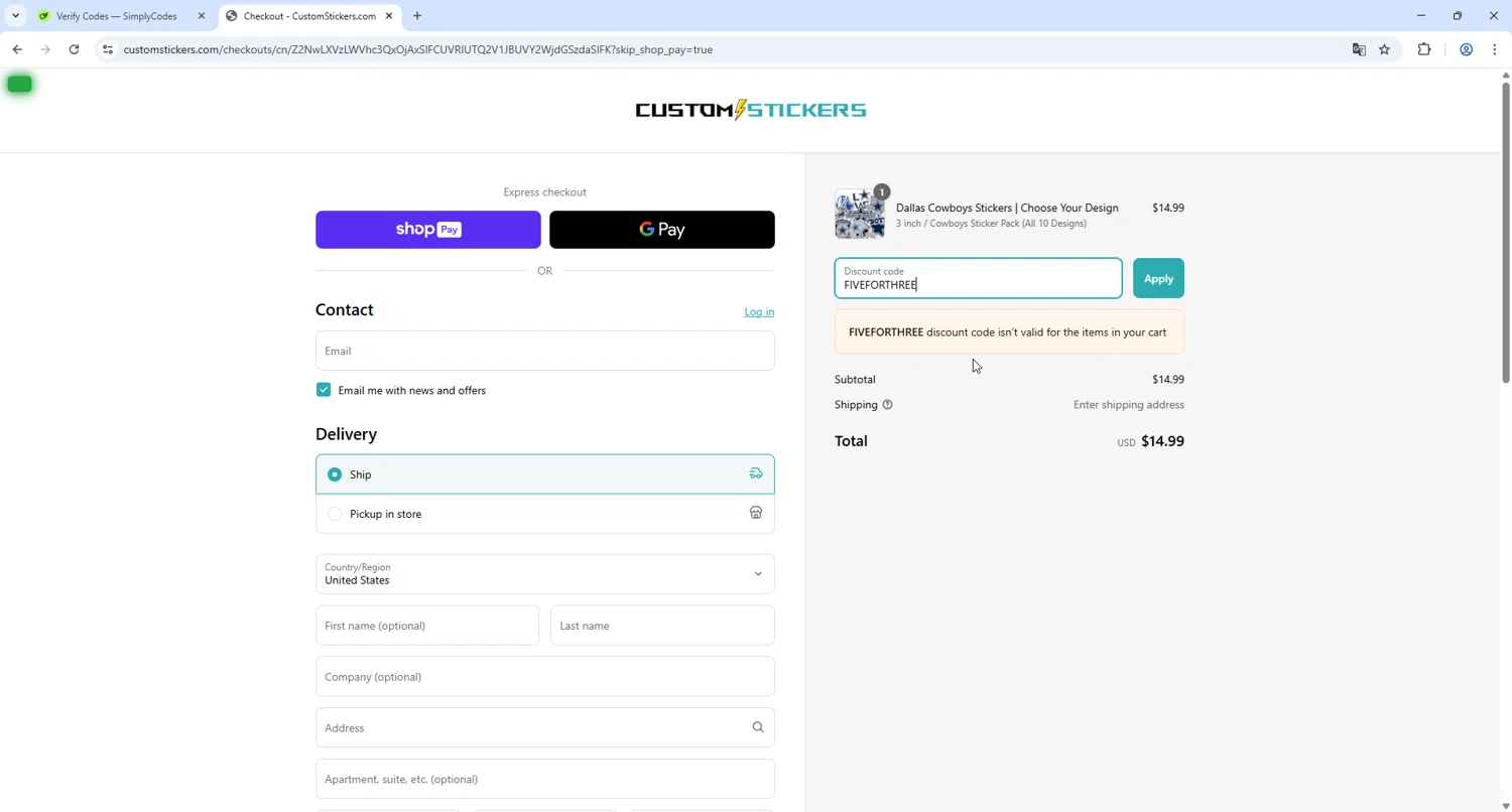 Customstickers.com promo code screenshot showing code FIVEFORTHREE applied at Customstickers.com checkout page. Uploaded by SimplyCodes community member HUMANIZER on Mar 27, 2025