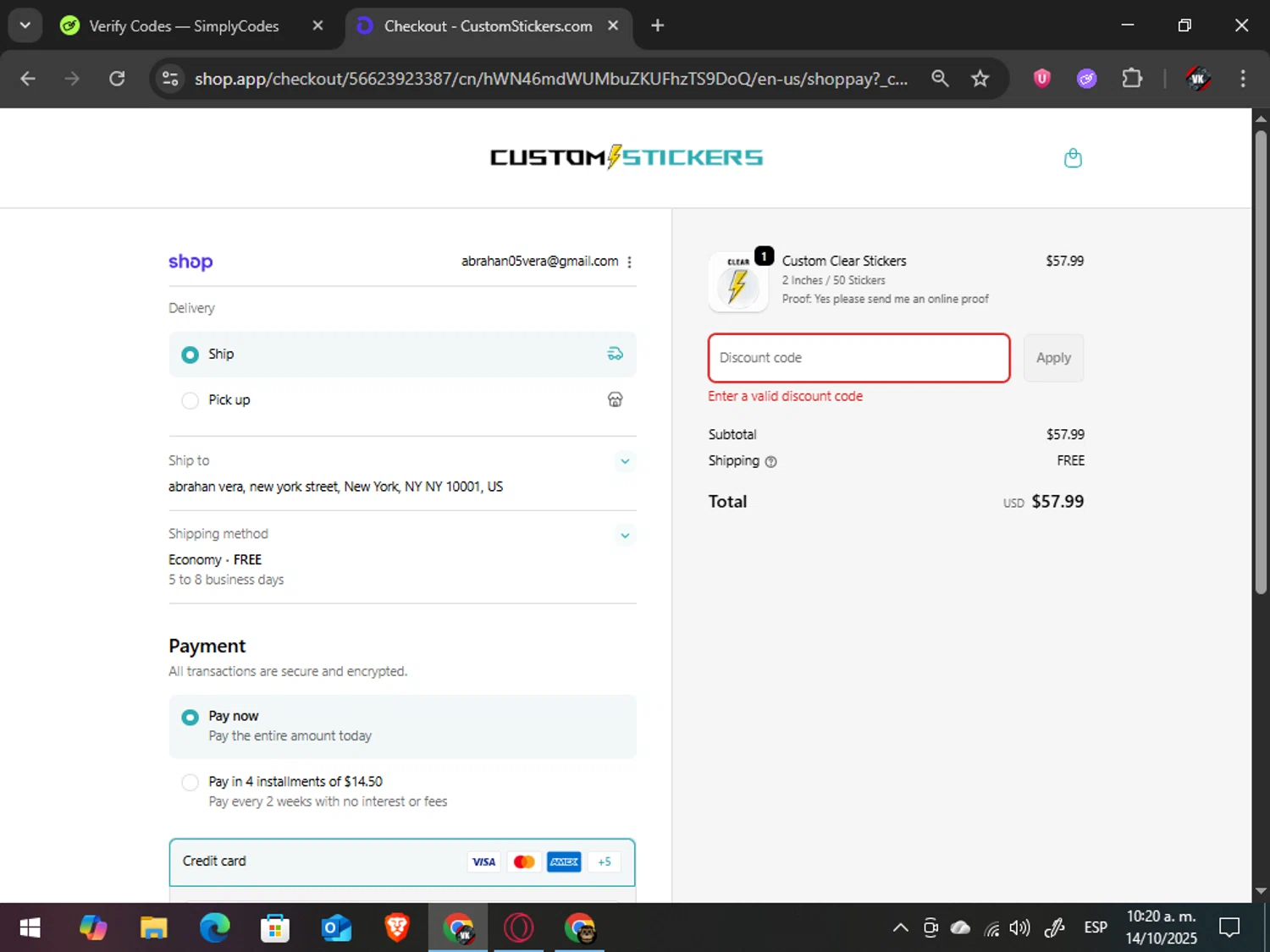 Customstickers.com promo code screenshot showing code GLOW25 applied at Customstickers.com checkout page. Uploaded by SimplyCodes community member TreasureAdmiral6867 on Oct 14, 2025