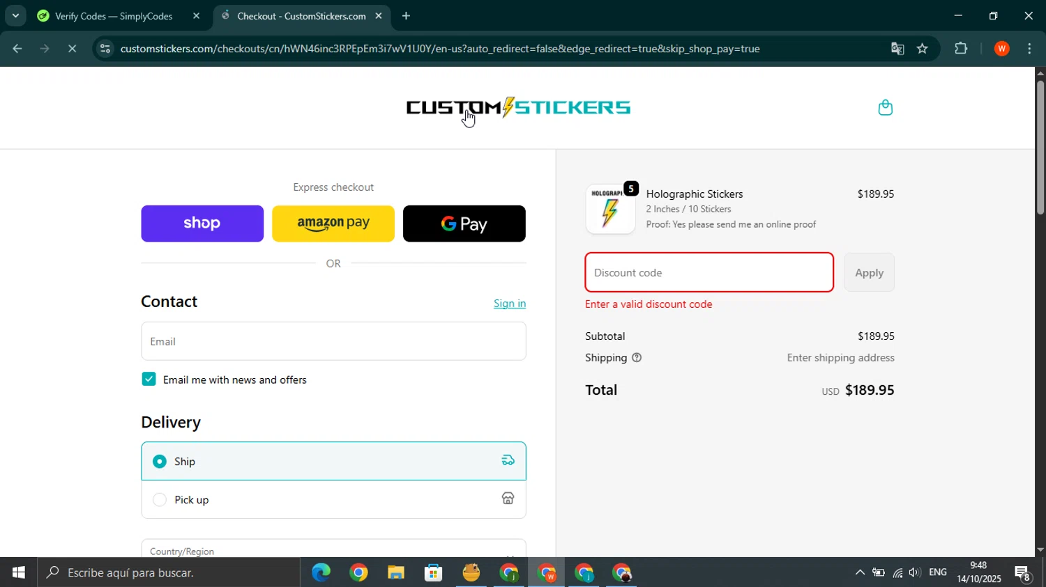 Customstickers.com promo code screenshot showing code GLOW25 applied at Customstickers.com checkout page. Uploaded by SimplyCodes community member wilferji on Oct 14, 2025