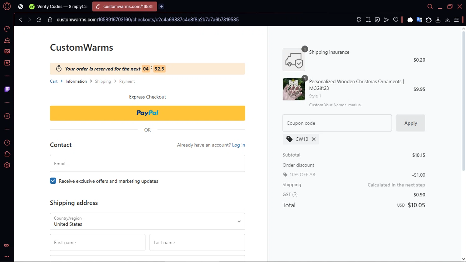 Customwarms coupon code screenshot showing code CW10 applied at Customwarms checkout page. Uploaded by SimplyCodes community member MoneySentinel1166 on May 10, 2025