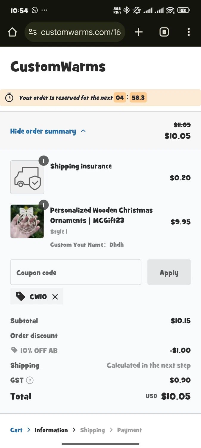 Customwarms coupon code screenshot showing code CW10 applied at Customwarms checkout page. Uploaded by SimplyCodes community member aquilesbailo on May 17, 2025