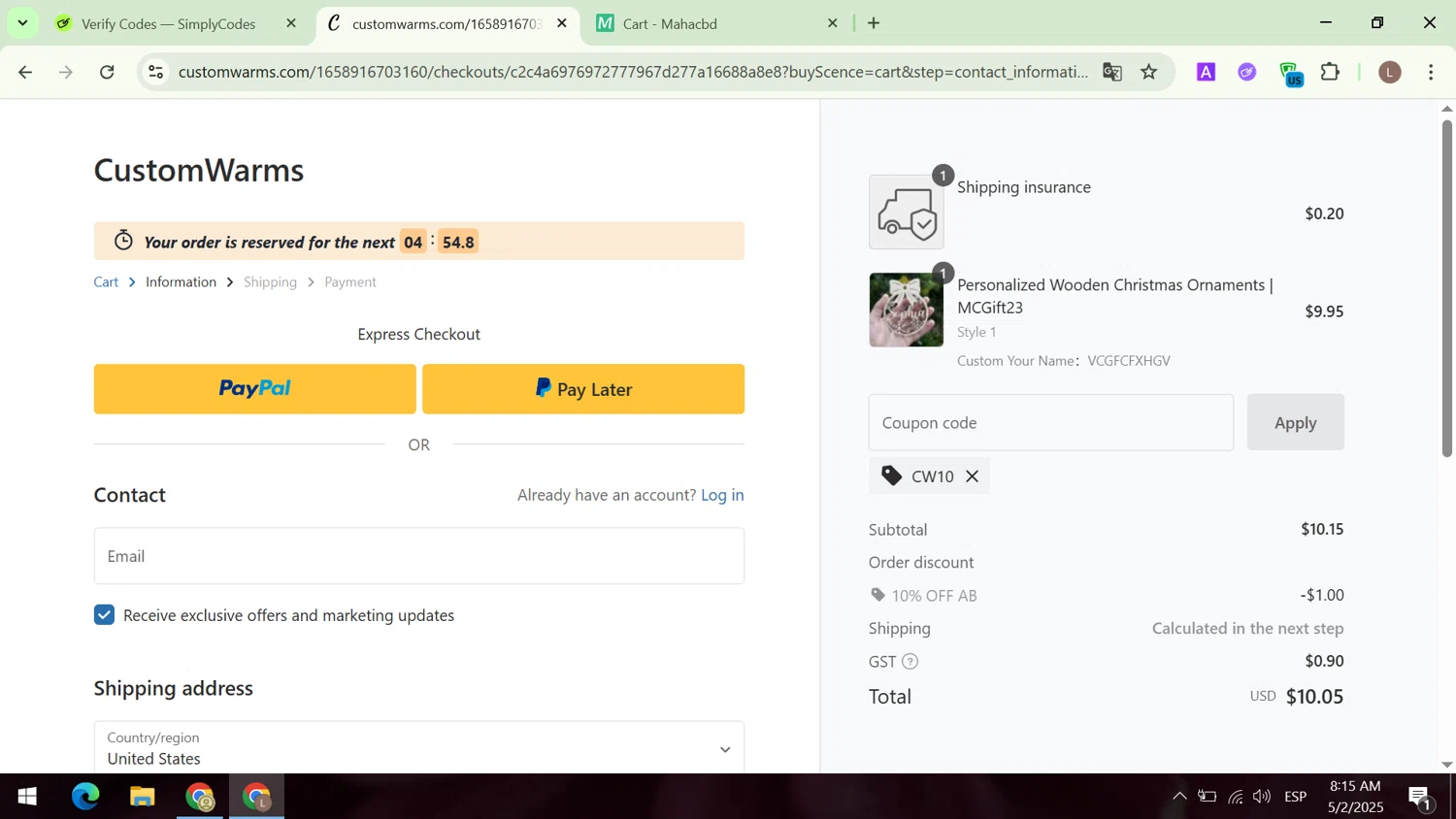 Customwarms coupon code screenshot showing code CW10 applied at Customwarms checkout page. Uploaded by SimplyCodes community member CodeCaptain8882 on May 2, 2025