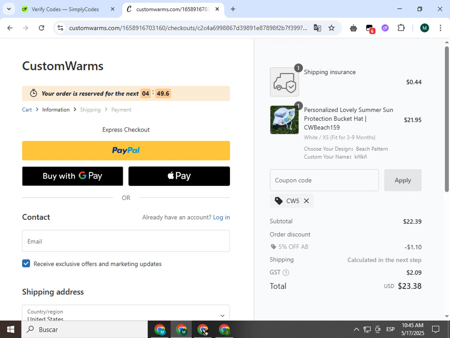 Customwarms coupon code screenshot showing code CW5 applied at Customwarms checkout page. Uploaded by SimplyCodes community member Jorgeluisvera on May 17, 2025