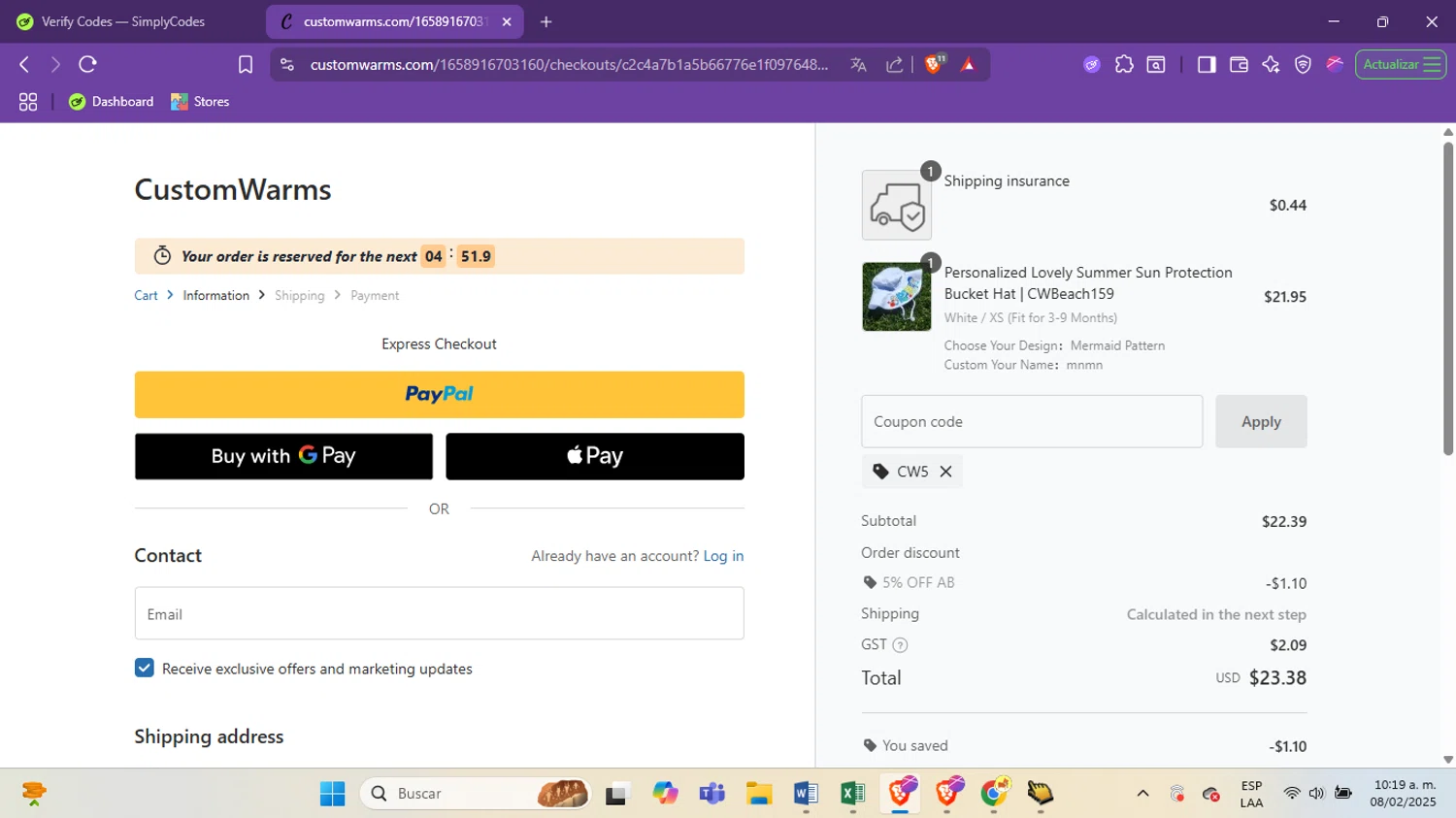 Customwarms coupon code screenshot showing code CW5 applied at Customwarms checkout page. Uploaded by SimplyCodes community member antoooooooooooooo on Aug 2, 2025