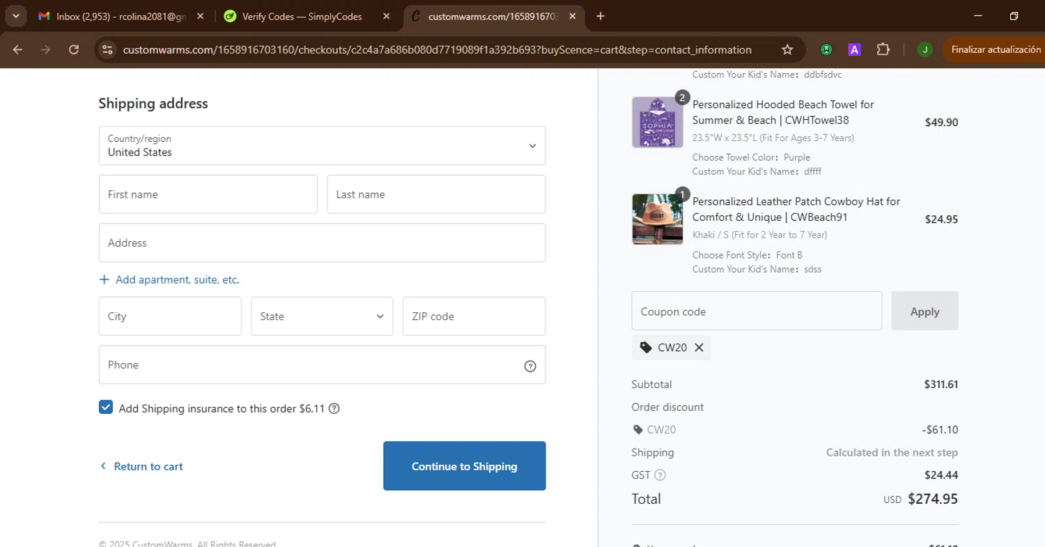Customwarms coupon code screenshot showing code CW20 applied at Customwarms checkout page. Uploaded by SimplyCodes community member SnoopDogg on Jul 4, 2025