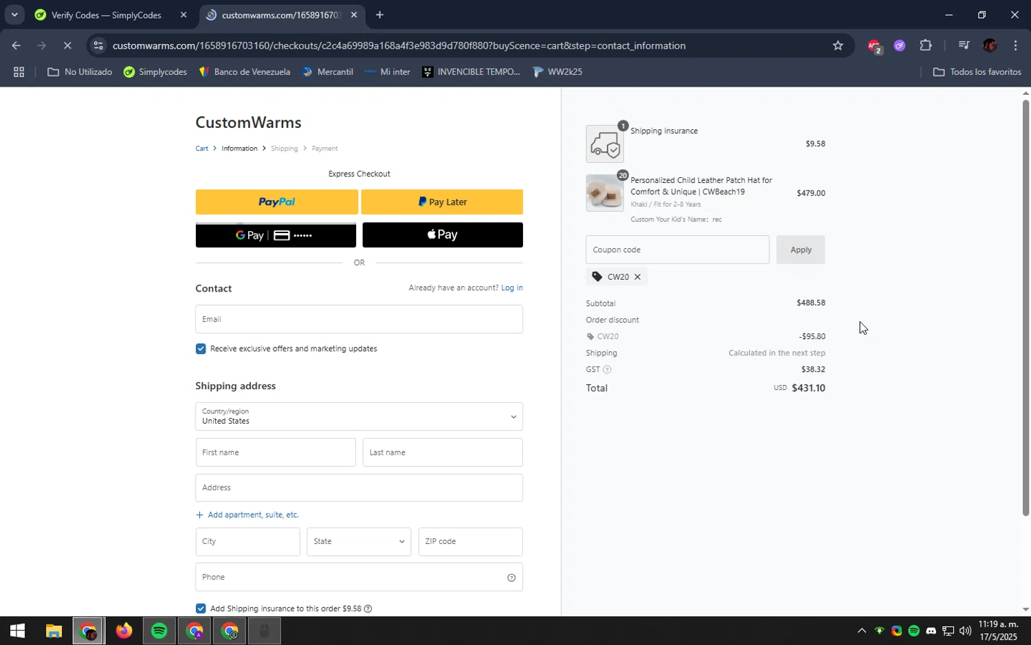 Customwarms coupon code screenshot showing code CW20 applied at Customwarms checkout page. Uploaded by SimplyCodes community member DealEagle493 on May 17, 2025