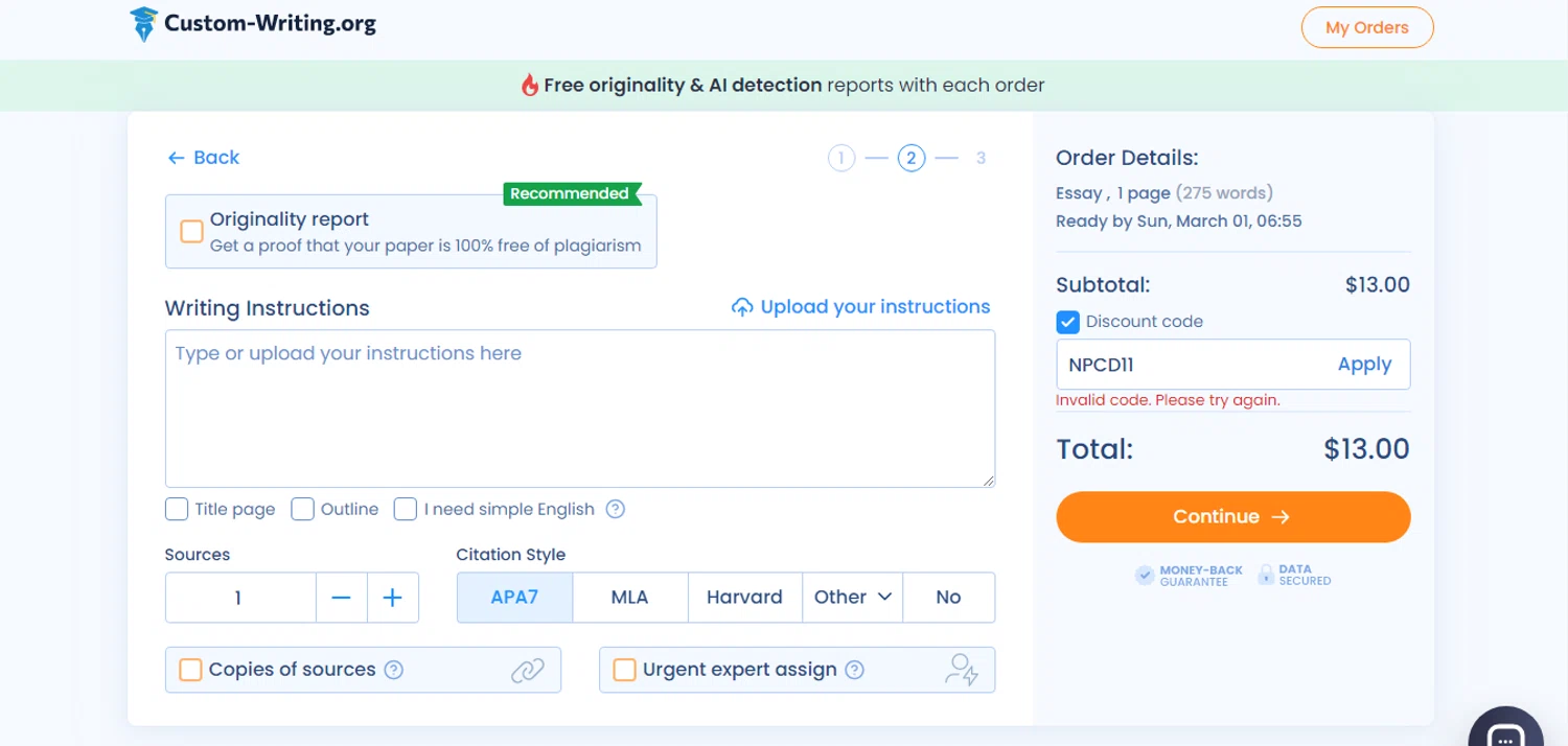 Custom Writing promo code screenshot showing code NPCD11 applied at Custom Writing checkout page. Uploaded by SimplyCodes community member HUNTER1406 on Feb 15, 2026