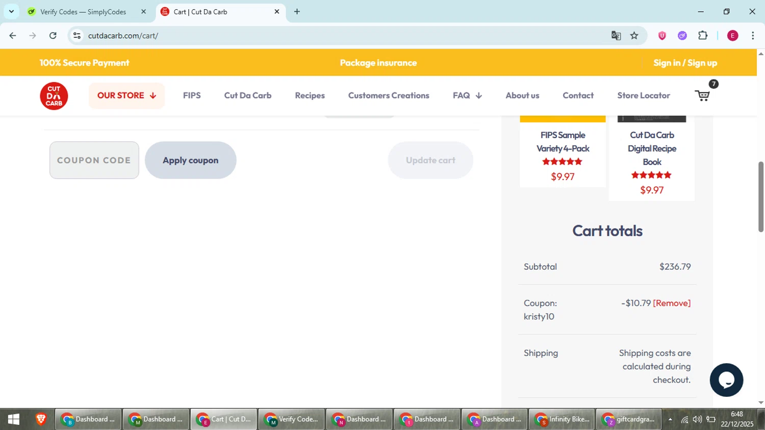 Cut Da Carb promo code screenshot showing code KRISTY10 applied at Cut Da Carb checkout page. Uploaded by SimplyCodes community member BrilliantWhiz4434 on Dec 22, 2025