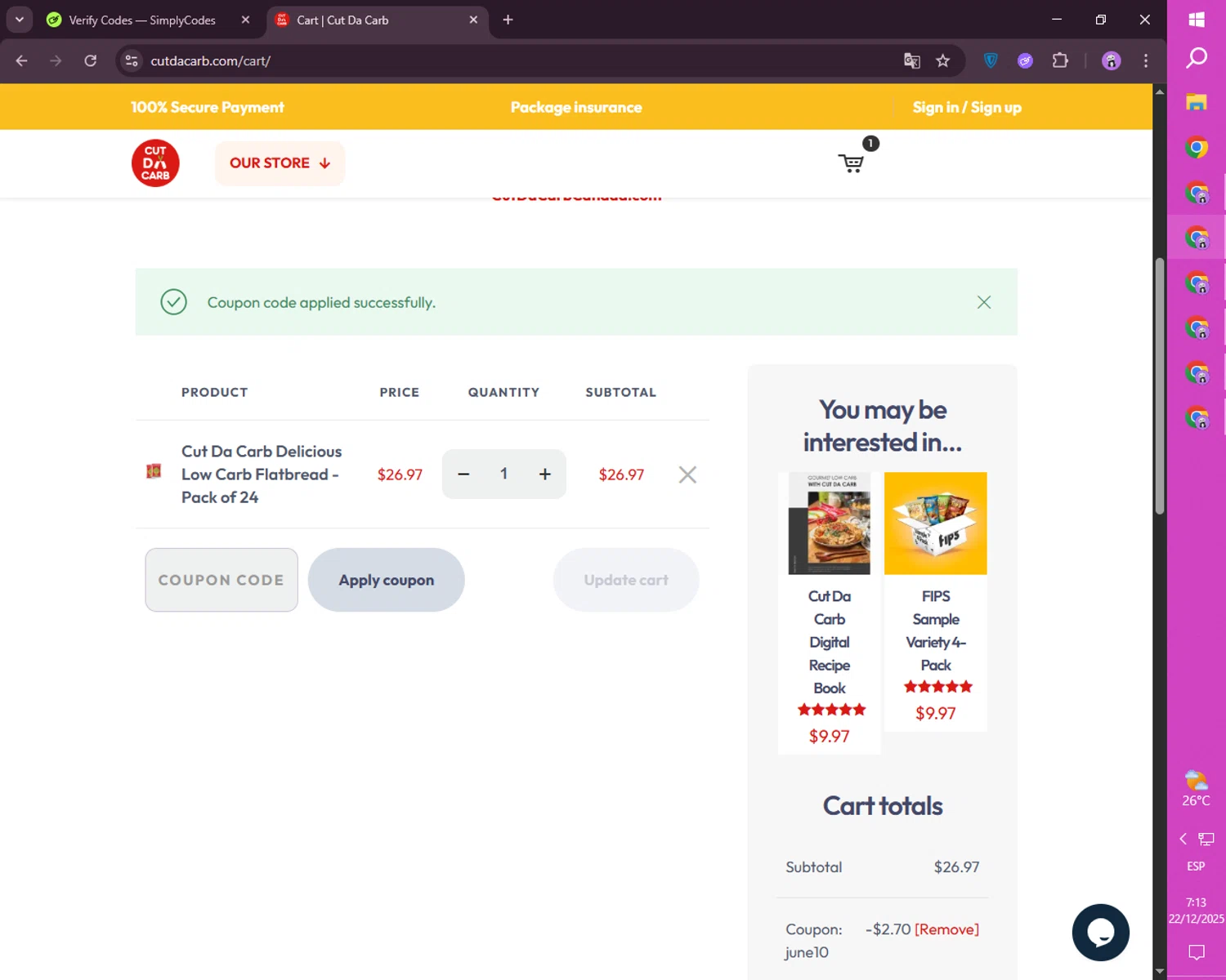 Cut Da Carb promo code screenshot showing code June10 applied at Cut Da Carb checkout page. Uploaded by SimplyCodes community member CashSaver4711 on Dec 22, 2025