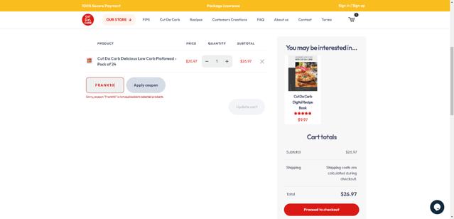 Cut Da Carb checkout page showing Cut Da Carb coupon code box | Screenshot taken by SimplyCodes community member on Aug 24, 2025