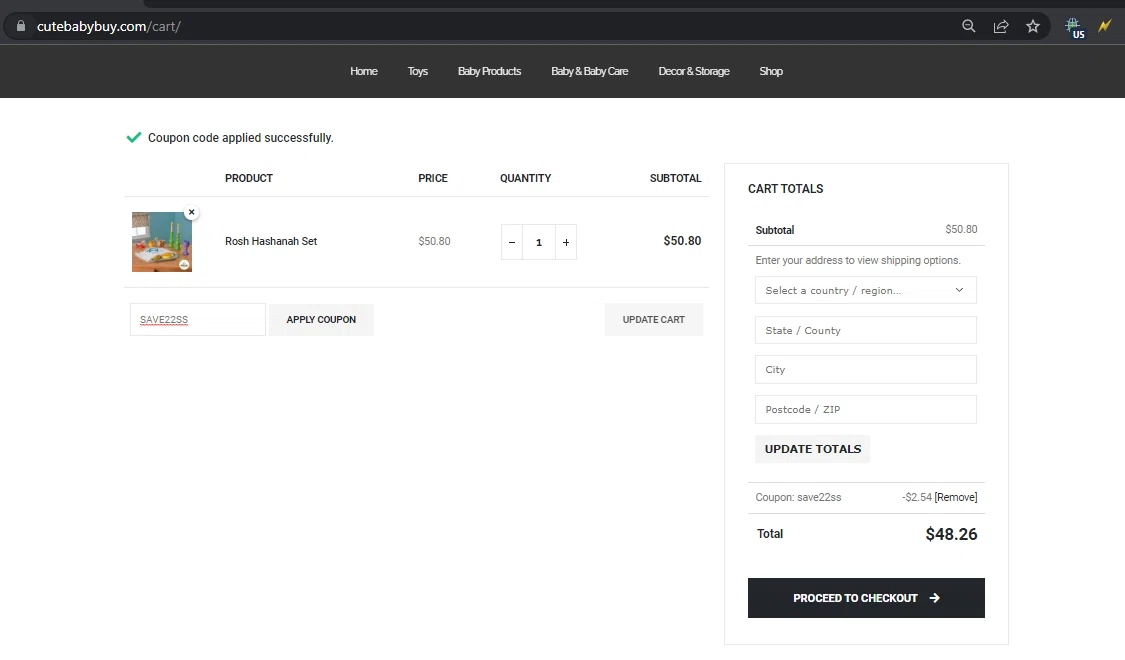 Cute Baby Buy checkout page showing Cute Baby Buy promo code box | Screenshot taken by SimplyCodes community member on Sep 23, 2022