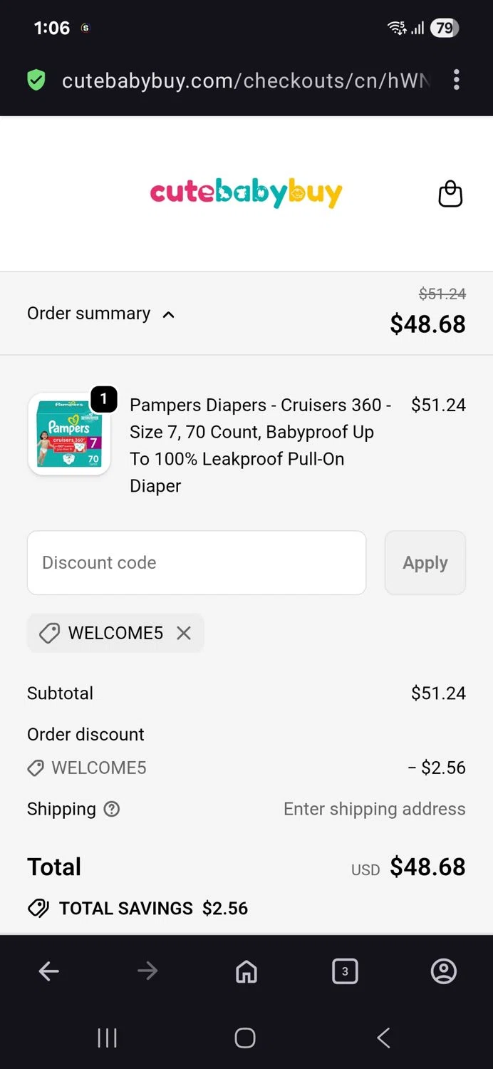 Cute Baby Buy promo code screenshot showing code Welcome5 applied at Cute Baby Buy checkout page. Uploaded by SimplyCodes community member BB9542251456527 on Sep 18, 2025