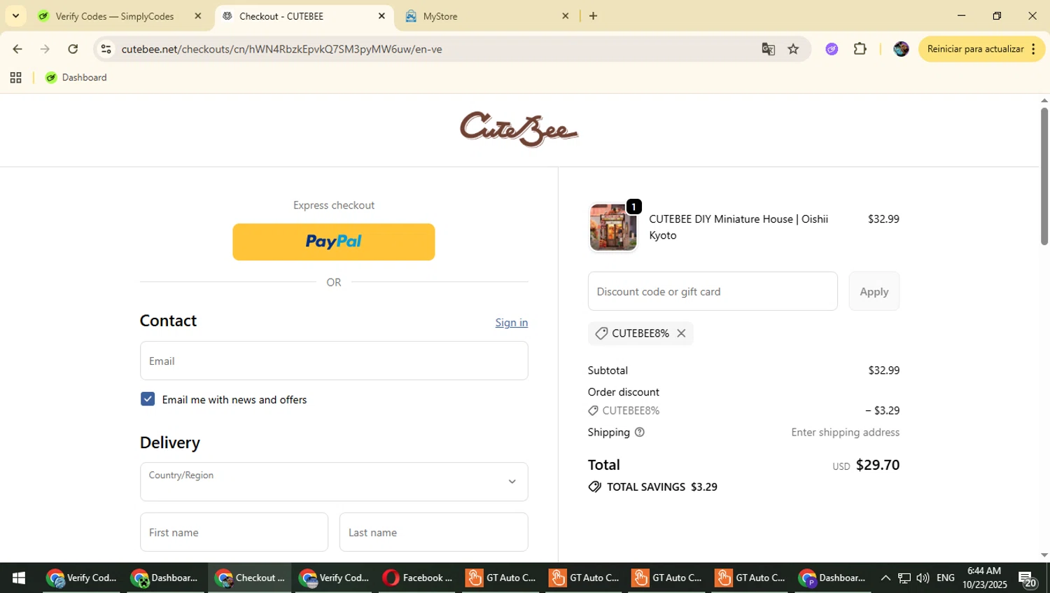 CuteBee discount code screenshot showing code CUTEBEE8% applied at CuteBee checkout page. Uploaded by SimplyCodes community member Typhlosion on Oct 23, 2025