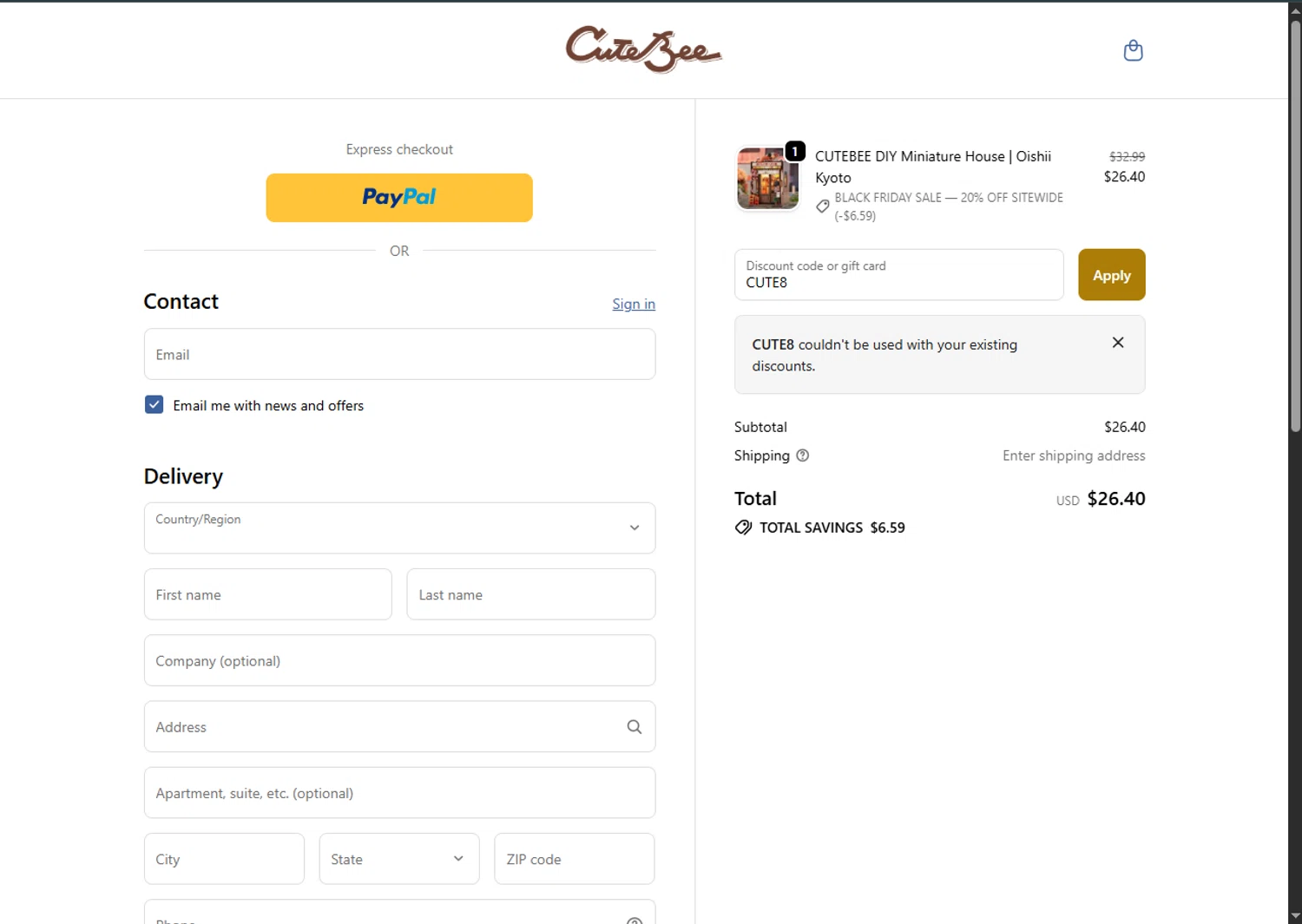 CuteBee discount code screenshot showing code CUTE8 applied at CuteBee checkout page. Uploaded by SimplyCodes community member MagnificentFalcon188 on Nov 30, 2025
