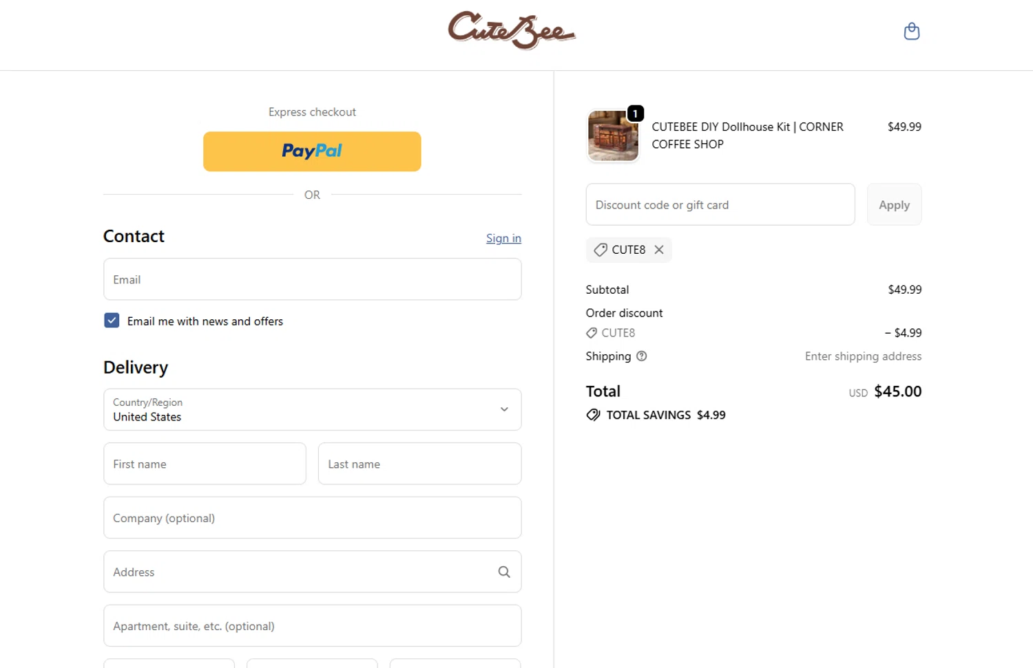 CuteBee discount code screenshot showing code CUTE8 applied at CuteBee checkout page. Uploaded by SimplyCodes community member ThriftyShopper3669 on Oct 19, 2025