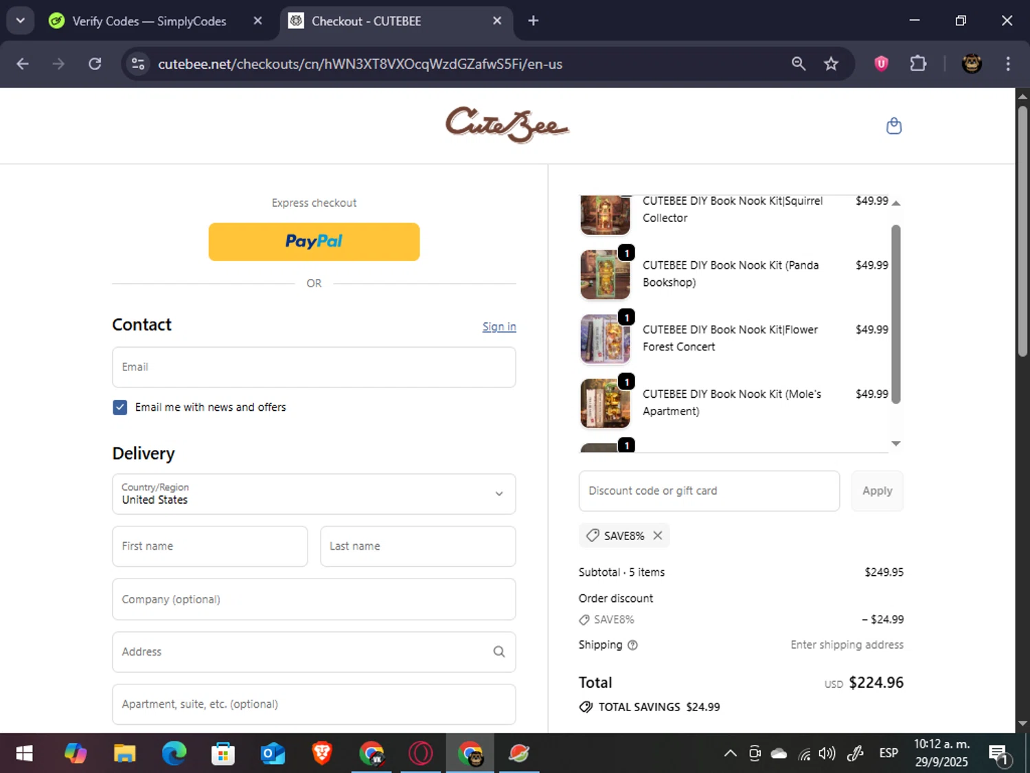 CuteBee discount code screenshot showing code SAVE8% applied at CuteBee checkout page. Uploaded by SimplyCodes community member abrahanv on Sep 29, 2025