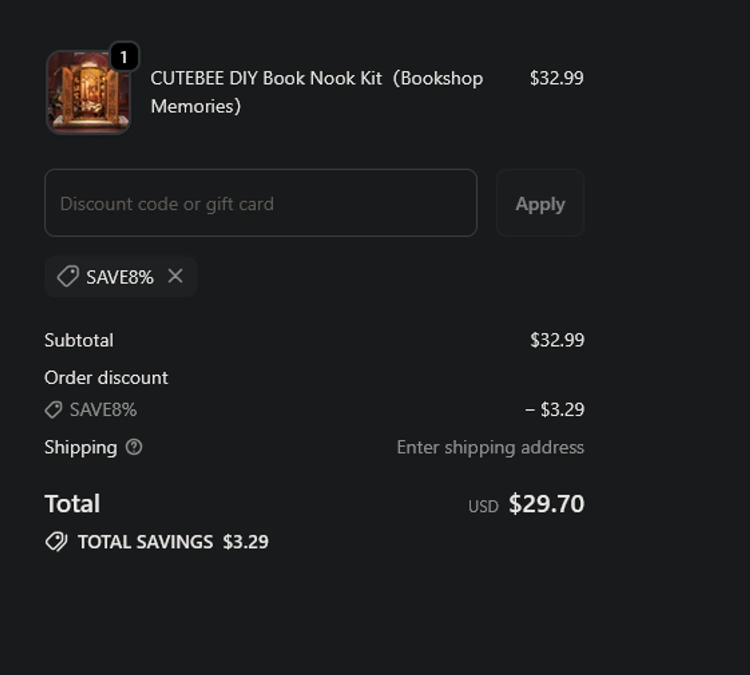 CuteBee discount code screenshot showing code SAVE8% applied at CuteBee checkout page. Uploaded by SimplyCodes community member xocelot44x on Oct 19, 2025