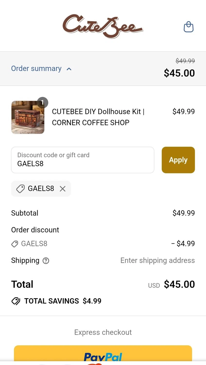 CuteBee discount code screenshot showing code GAELS8 applied at CuteBee checkout page. Uploaded by SimplyCodes community member JuanMonge on Jul 31, 2025
