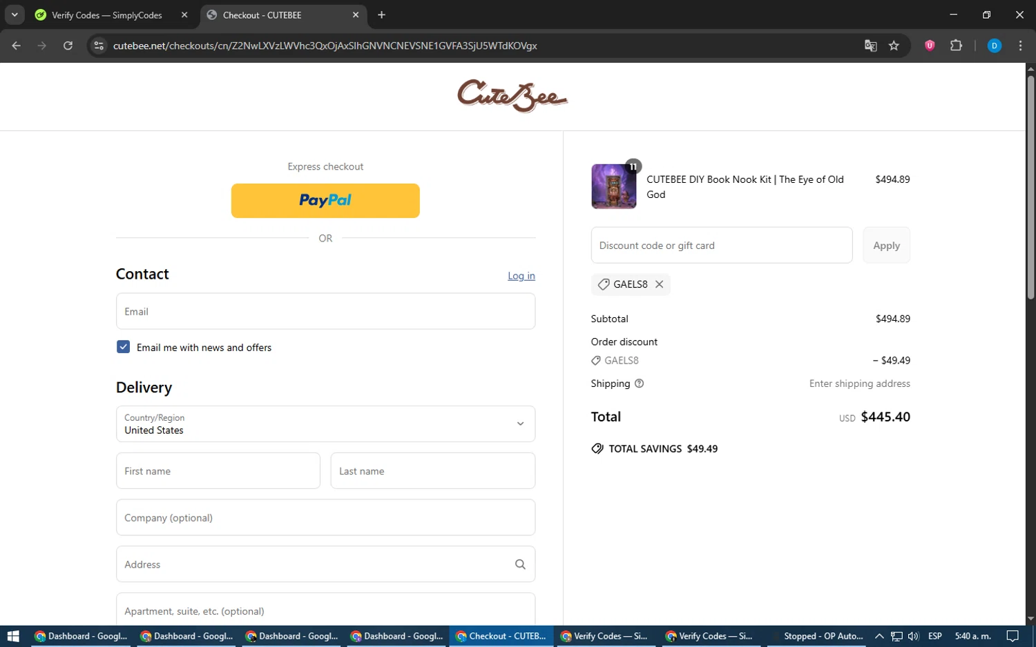 CuteBee discount code screenshot showing code GAELS8 applied at CuteBee checkout page. Uploaded by SimplyCodes community member LegendaryWarden2503 on Jun 11, 2025