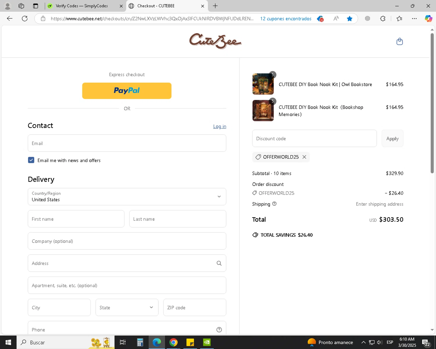 CuteBee discount code screenshot showing code offerworld25 applied at CuteBee checkout page. Uploaded by SimplyCodes community member jhoanDepp on Mar 30, 2025