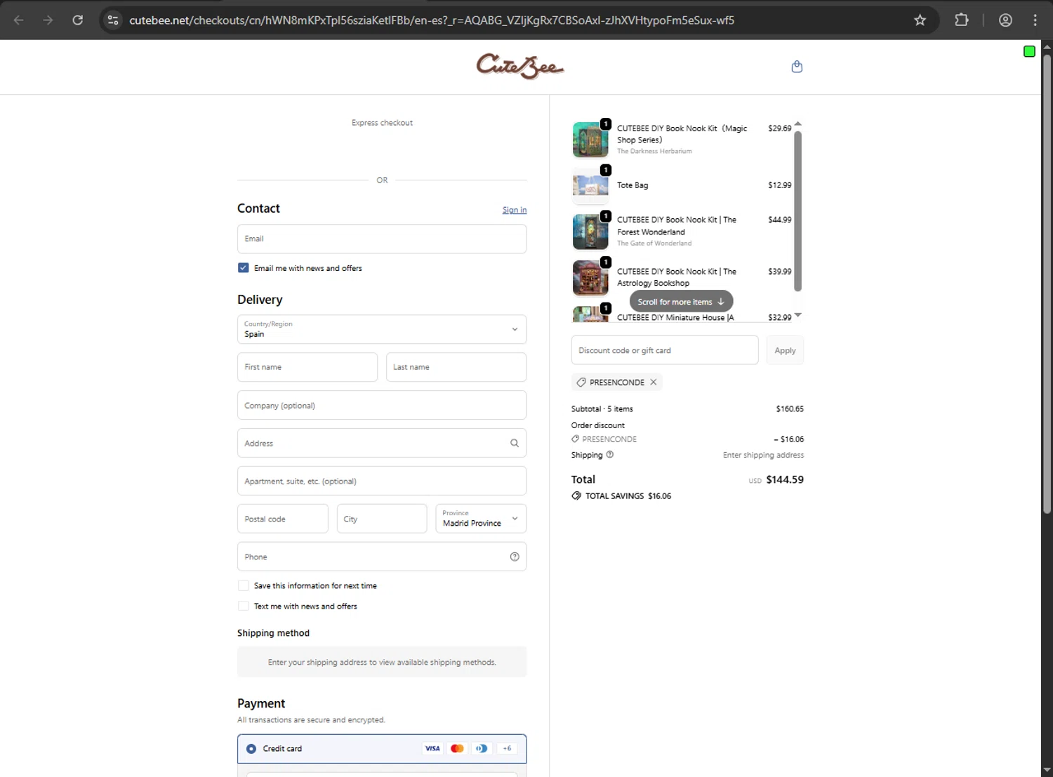 CuteBee checkout page showing CuteBee discount code box | Screenshot taken by SimplyCodes community member on Feb 14, 2026