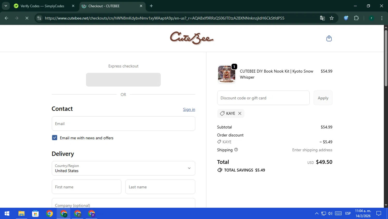CuteBee promo code screenshot showing code KAYE applied at CuteBee checkout page. Uploaded by SimplyCodes community member rodri1 on Feb 14, 2026
