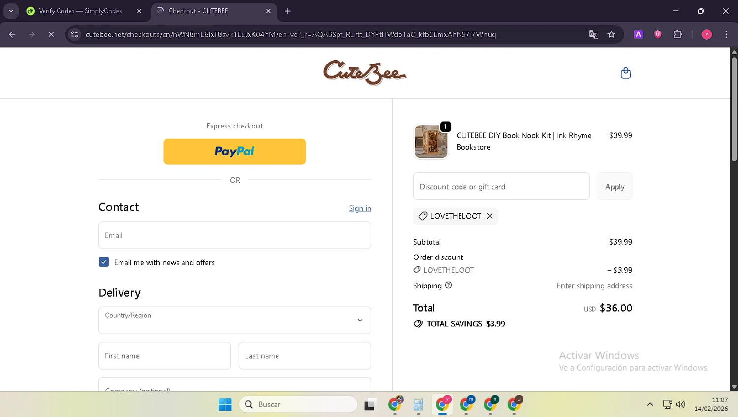 CuteBee checkout page showing CuteBee discount code box | Screenshot taken by SimplyCodes community member on Feb 14, 2026