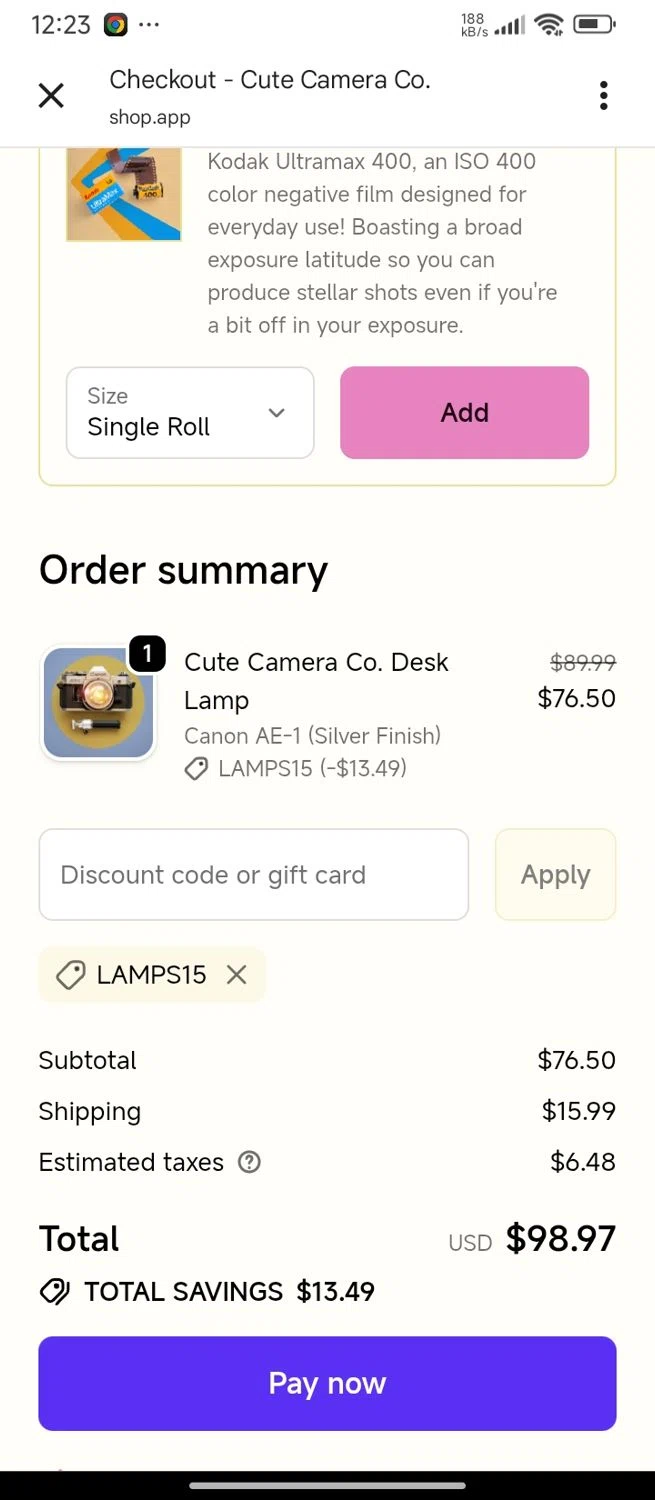 Cute Camera discount code screenshot showing code LAMPS15 applied at Cute Camera checkout page. Uploaded by SimplyCodes community member SilverMaven7655 on Dec 3, 2025